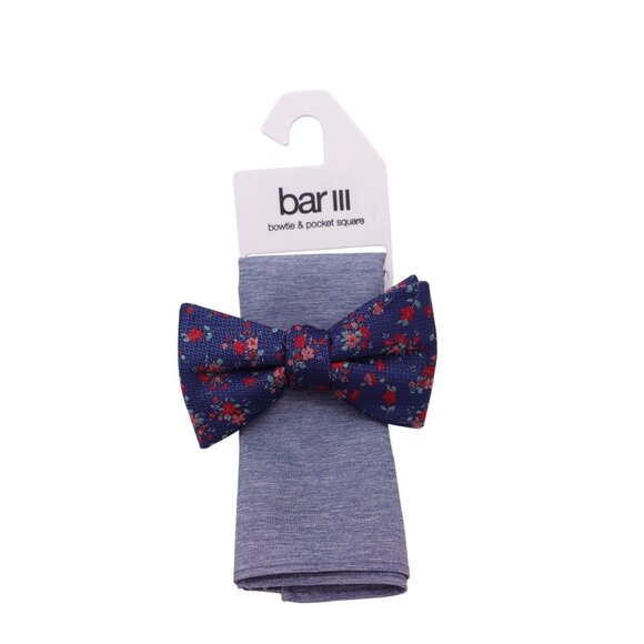 NWT Bar III Lance Floral Bow Tie & Pocket Square Set OS Blue Red Pre-Tied - Picture 2 of 6